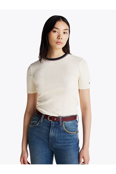 Tommy Hilfiger Ecru Slim Fit Contrast Neck Round Neck Short Sleeve Women's T-Shirt - Ww0Ww43917-Aef
