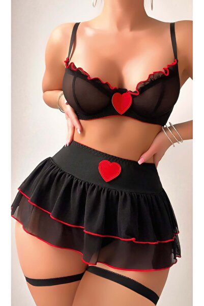 Veille Black Red Heart Detailed Sexy Lingerie Set
