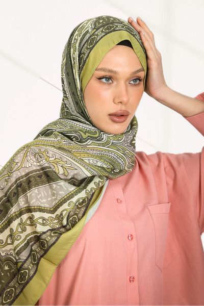 hijabchi Σειρά ρετρό έθνικ μοτίβο βαμβακερό μαλακό σάλι - Νέα συλλογή - Fat Green
