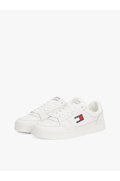 Tommy Hilfiger Bequemer, atmungsaktiver Herren-Sneaker aus Leder mit flacher Sohle und weißer Oberfläche EM0EM01574-YBL