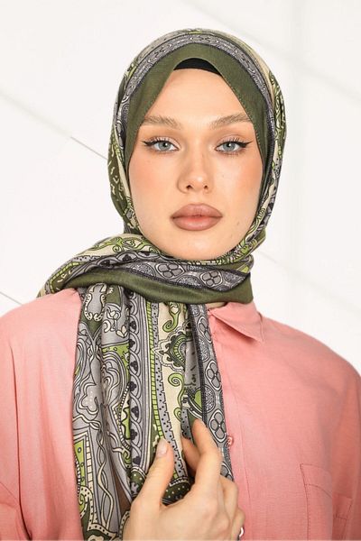 hijabchi Retro Ethnic Pattern Cotton Soft Shawl Series - New Collection - Khaki Green