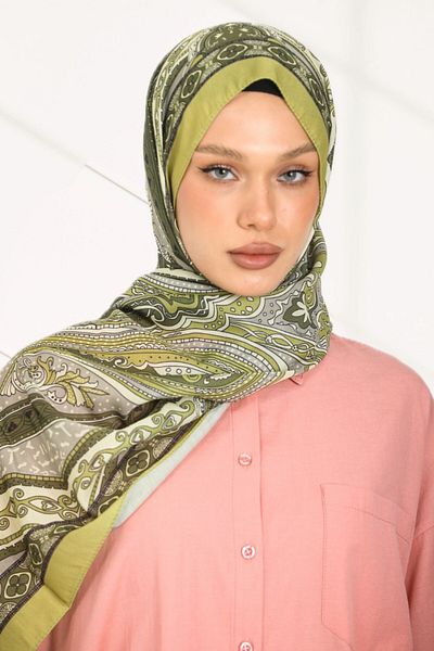 hijabchi Σειρά ρετρό έθνικ μοτίβο βαμβακερό μαλακό σάλι - Νέα συλλογή - Fat Green