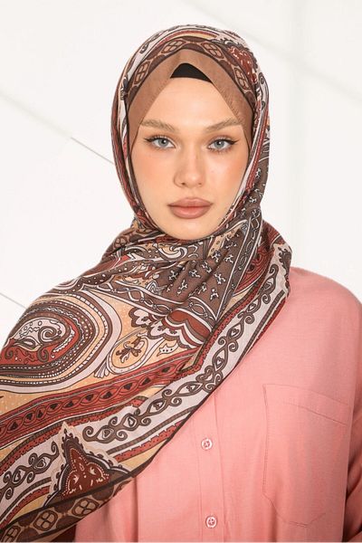 hijabchi Σειρά ρετρό έθνικ μοτίβο βαμβακερό μαλακό σάλι - Νέα συλλογή - Καφέ - Κοράλλι