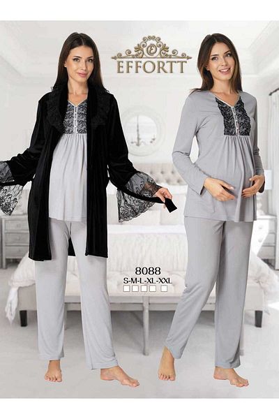 Effortt Maison Mila Maternity Pajama Set with Velvet Dressing Gown and Lace Detail