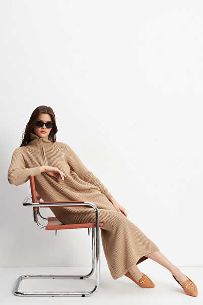 Yefrastore Γυναικείο μακρύ μαλακό πλεκτό φόρεμα με μισό φερμουάρ