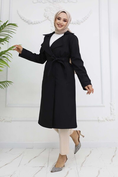 benguen Kuşaklı Kruvaze Yaka Trençkot Siyah 5918