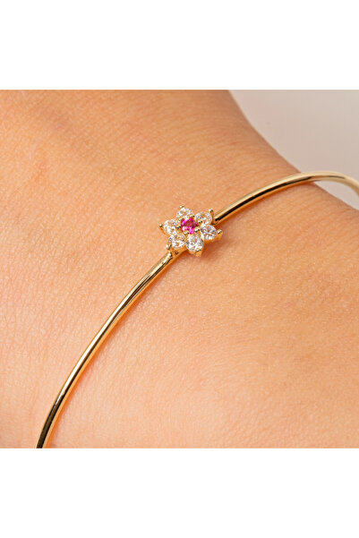 FasekGold Gümüş Bilezik - Yakut Taşlı Çiçek Tasarım Zarif 925 Ayar Gümüş Bilezik