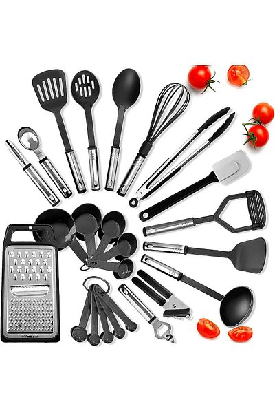 COOYA Kitchen Utensils Set, 24 Piece, Non-toxic Material, Heat Resistant, Non-stick Cookware, Black