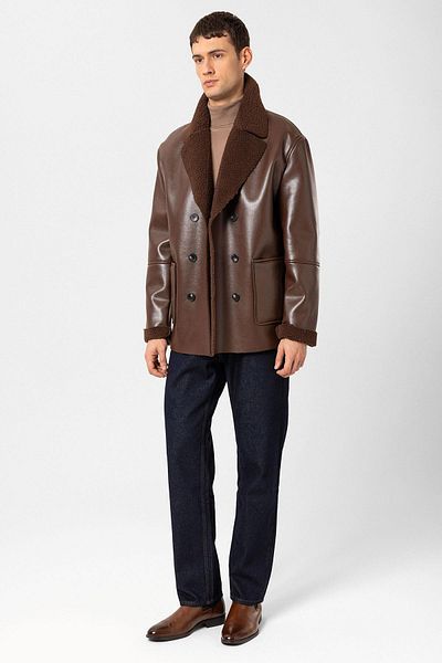 Antioch Brown Lining Detailed Faux Leather Double Breasted Men's Coat