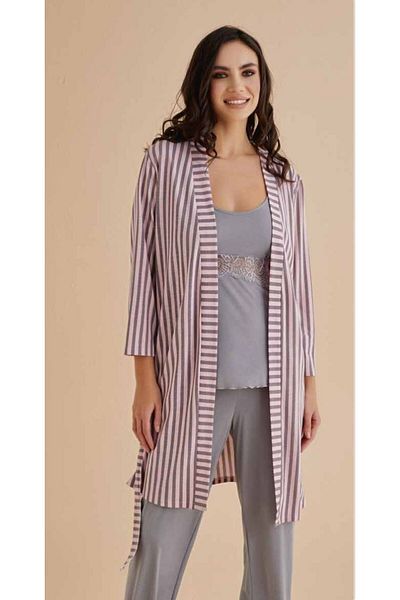 The Clover Pink Gray Striped 3-Piece Women's Sleepwear and Dressing Gown Set - Th.Clv.13.Dc.14.Hs