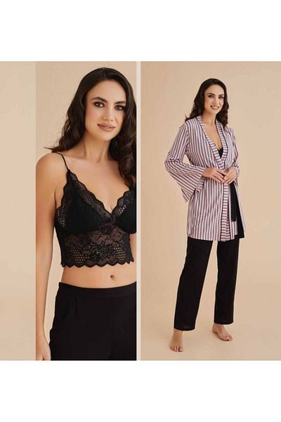 The Clover Pink Striped Women's Pajamas Set - Dressing Gown & Bralets Th.Clv.13.Dc.12.Hs