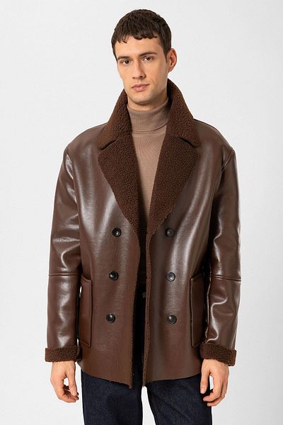 Antioch Brown Lining Detailed Faux Leather Double Breasted Men's Coat