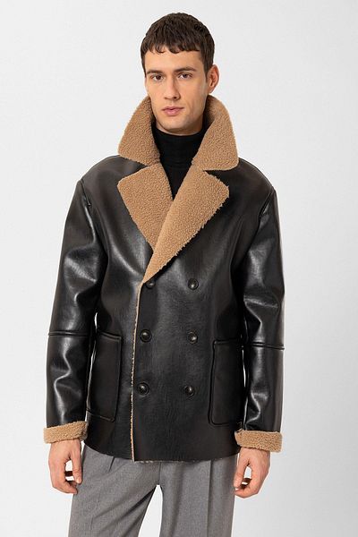 Antioch Black Lining Detailed Faux Leather Double Breasted Men's Coat