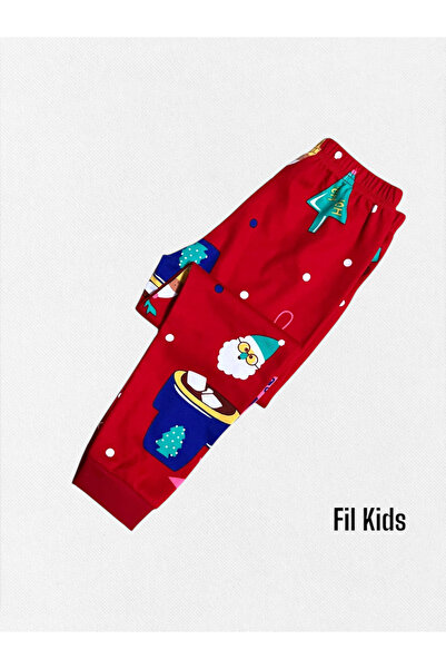 elmas kids Erkek Çocuk %100 Pamuklu Kırmızı Çam Desenli Uzun Kollu Kışlık Pijama Takımı