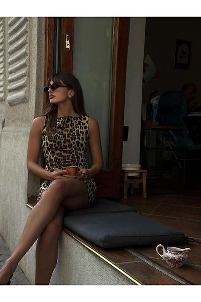 TENİN Rochie de damă fără mâneci cu fermoar din lycra cu model leopard - Tenin