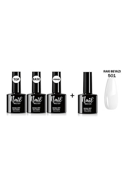 Nail Master 4'lü Set - Top Coat, Rubber Base Coat, Primer, 501 Rakı Beyazı - Mini Kalıcı Oje Seti