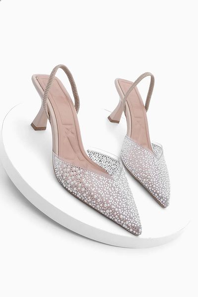 Marjin Damen-Abendkleid mit Stiletto-Schmuck und spitzer Zehenpartie und offenem Rücken und Absatzschuhen Lala Beige