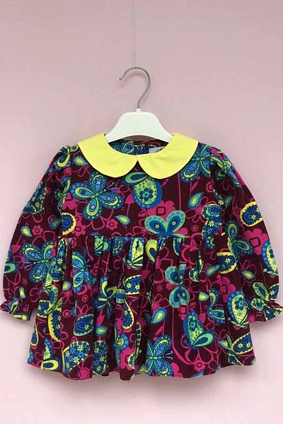 Bertuğ Bebek Rochie de flanel colorată cu guler pentru bebeluși cu imprimeu fluture pentru fetiță