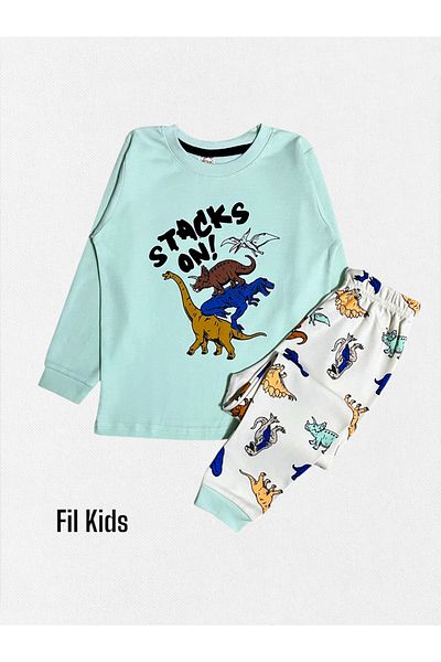 elmas kids Set de pijamale cu mânecă lungă, 100% bumbac, verde și crem, cu model de dinozaur, cu decolteu