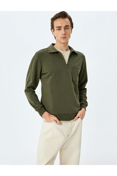 Koton Long Sleeve Pocket Detailed Basic Raised Half Zipper Polo Collar Sweatshirt