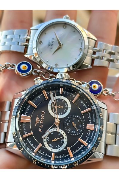 FERRO Brand Steel Cord Silver Color,Dear Couple Wristwatches + Bracelet