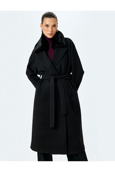 Koton Detachable Faux Collar Detailed Long Stem Coat with Belt
