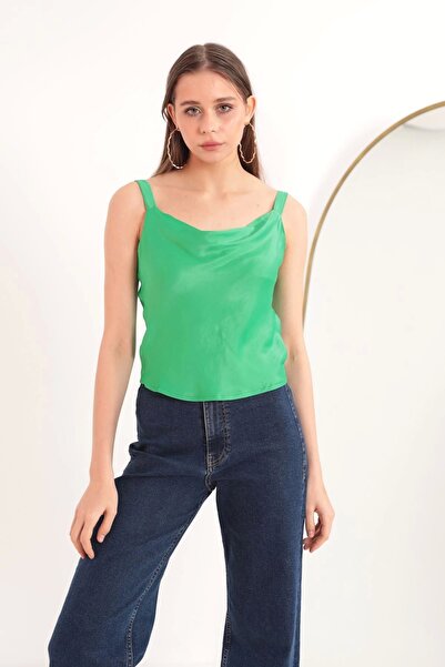 Genel Markalar Saten Kumaş Degaje Yaka Kadın Bluz-yeşil