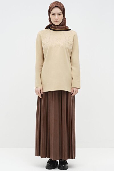 Tuğba Beli Lastikli Suni Deri Plisoley Etek - Tarçın