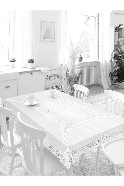 Blue Home Pvc Oilcloth Lace Look Kitchen Table Cover White Flower Motif 120X150 cm