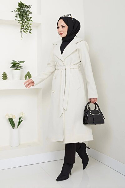 Nevayla Moda Γυναικείο Fleece Stamp Μακρύ Παλτό / M0107 - Κρέμα