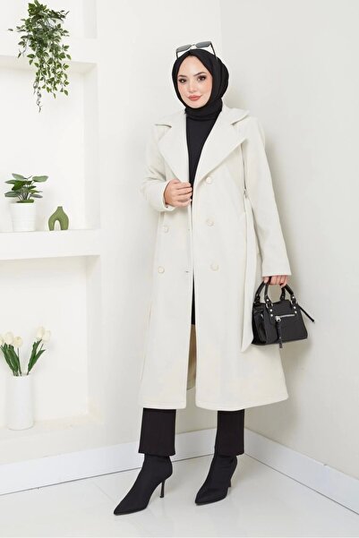 Nevayla Moda Γυναικείο Fleece Stamp Μακρύ Παλτό / M0107 - Κρέμα