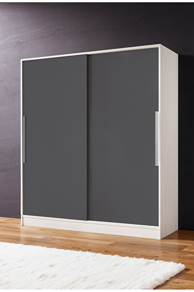 AEKA Ae-4001 Zambak Sürgülü Dolap Çok Raflı Çekmeceli Askılı Beyaz Kasalı (Gri-Gri Kapaklı) Gardırop