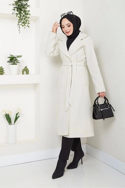 Nevayla Moda Γυναικείο Fleece Stamp Μακρύ Παλτό / M0107 - Κρέμα