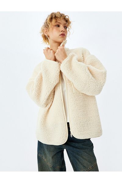 Koton Oversize Zippered Pocket Detailed Stand Collar Plush Sweatshirt