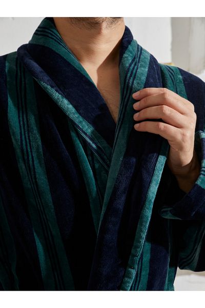 Homelover Ανδρικό μπουρνούζι από 100% βαμβάκι, Extra Soft ριγέ πράσινο Şalyaka
