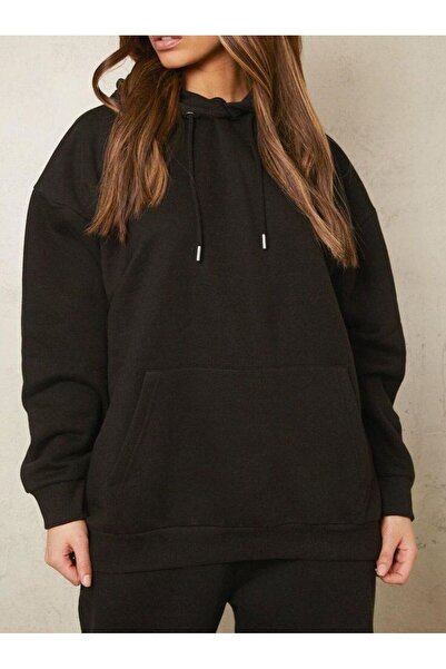 FİTGO Γυναικείο φούτερ με κουκούλα μαύρο καγκουρό με αναδιπλούμενη κουκούλα