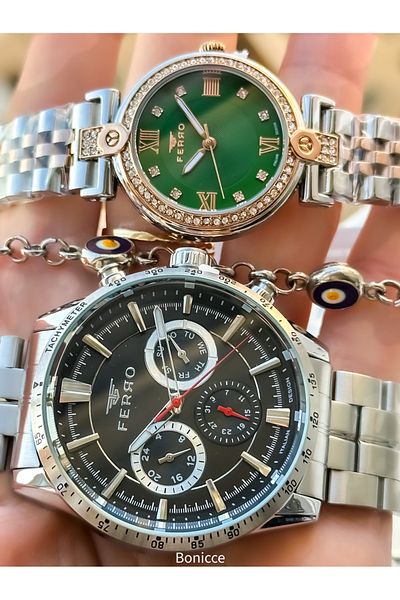 FERRO Brand Steel Cord Silver Color Dear Couple Wristwatches+Bracelet