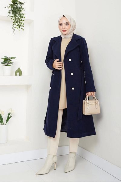 Nevayla Moda Women's Fleece Stamp Long Coat / M0107 - Navy Blue