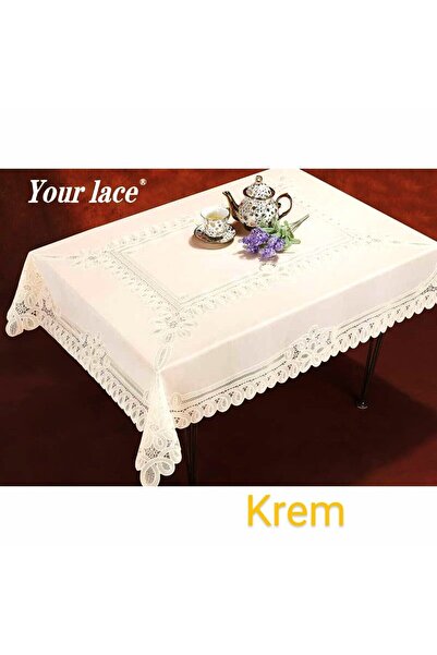 Blue Home Pvc Oilcloth Lace Look Kitchen Table Cover Cream Flower Motif 120X150 cm