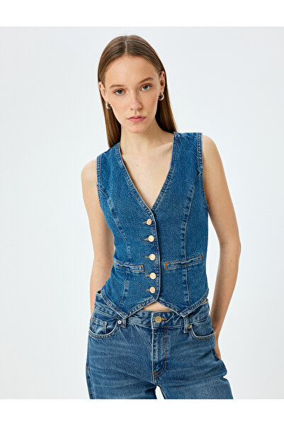 Koton Джинсовий жилет без рукавів з V-подібним коміром на ґудзиках