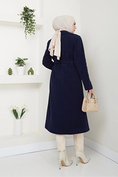 Nevayla Moda Γυναικείο Fleece Stamp Μακρύ Παλτό / M0107 - Navy Blue