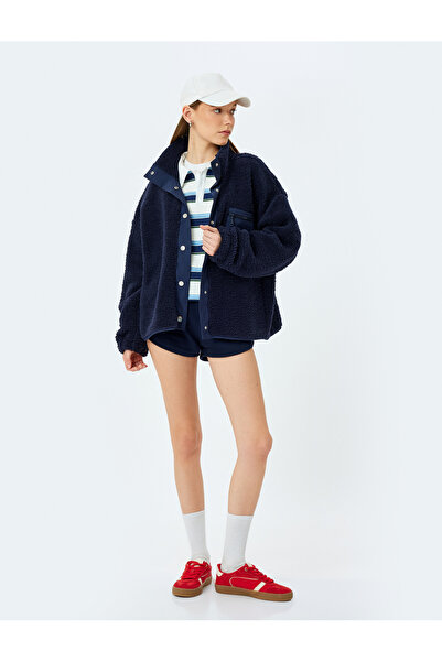 Koton Plush Oversize Sweatshirt with Zipper Pocket Detail and Snap Button