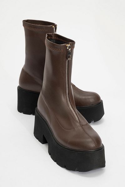 LuviShoes Γυναικείες μπότες OVİL Καφέ Δερμάτινες Χονδρές Σόλα με φερμουάρ