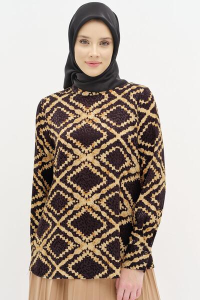 Tuğba Desenli Hakim Yaka Bluz - Taba