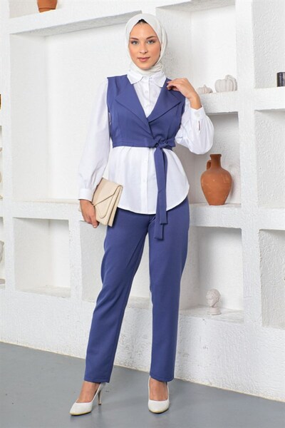 ModaMerve Indigo Short Jacket Triple Set - 19200 Model