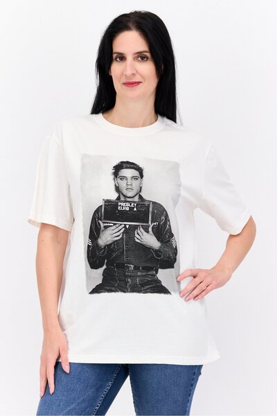 Elvis Women Crew Neck Short Sleeve Graphic Print T-Shirt, Off White