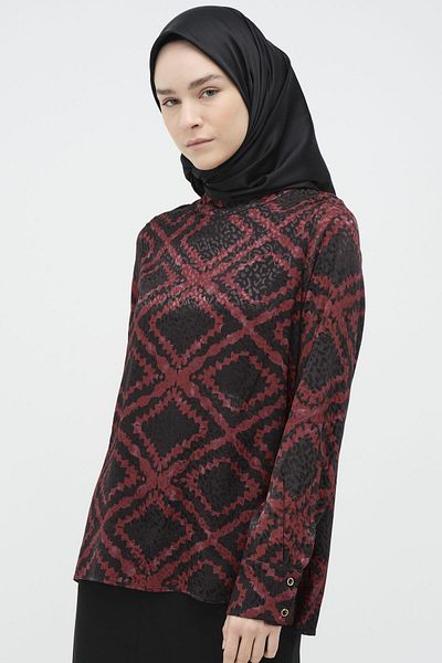 Tuğba Patterned Judge Collar Blouse - Claret Red