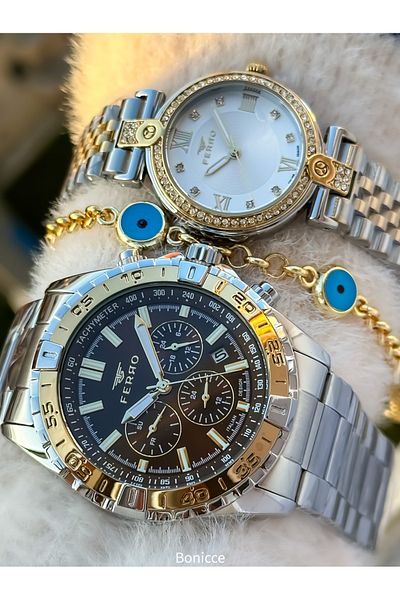 FERRO Brand Steel Cord Silver Yellow Color, Dear Couple Wristwatches + Bracelet