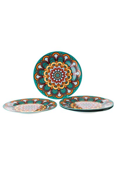 HIC flat porcelain dinner plates 4 Piece with Turquoise/Yellow 27 cm