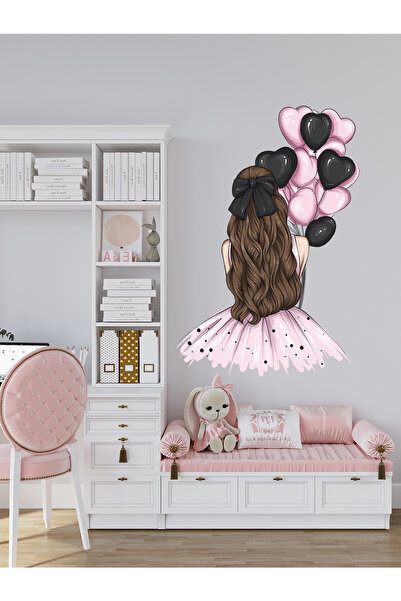 Genel Markalar Çocuk Odası Pembe elbiseli, Pembe siyah balonlu Kız cam, duvar...